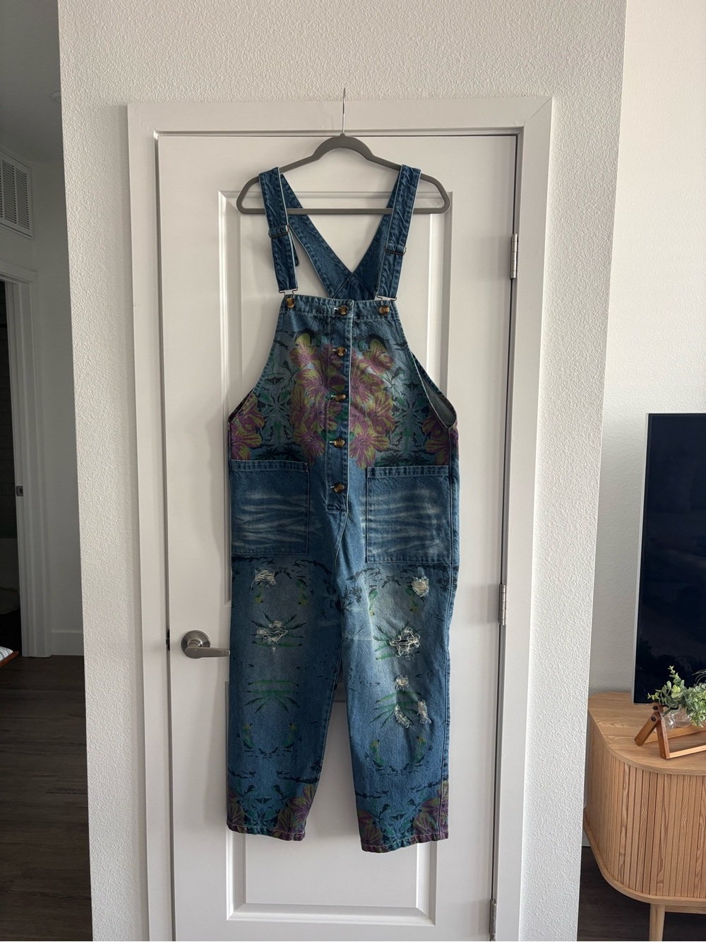 Blue Floral-Print Denim Overalls